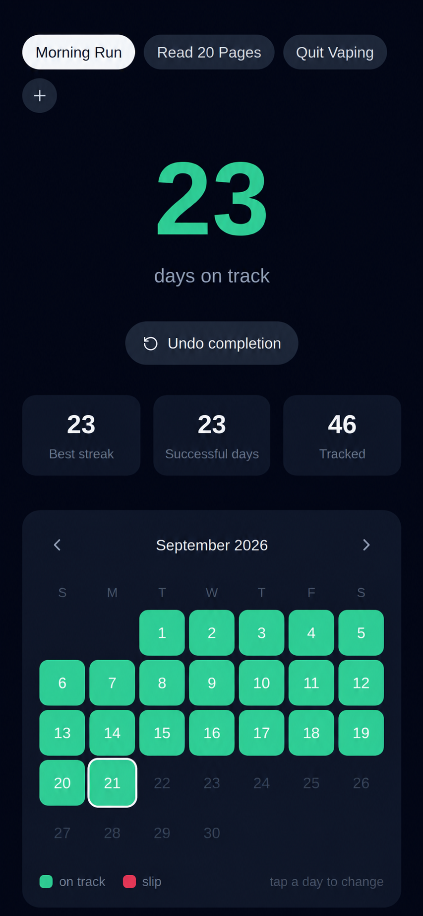 Fontic dashboard with a 23-day streak and green completed calendar days
